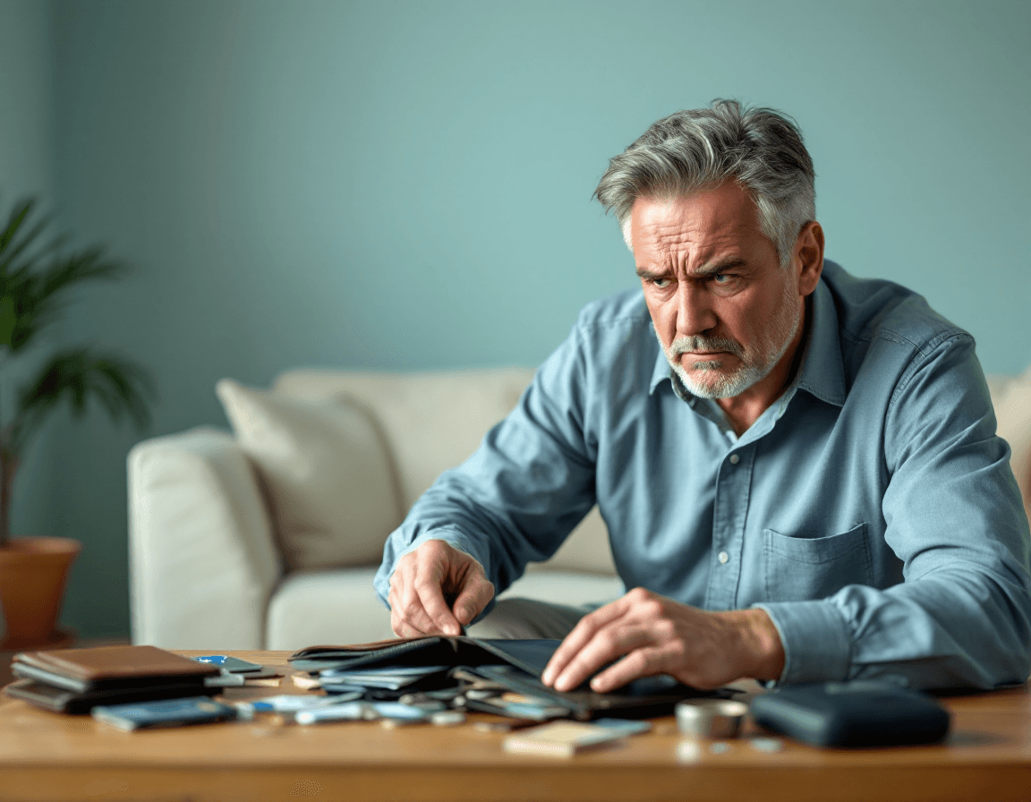 A frustrated customer looking for a lost loyalty card in a wallet, set in a cozy indoor environment.