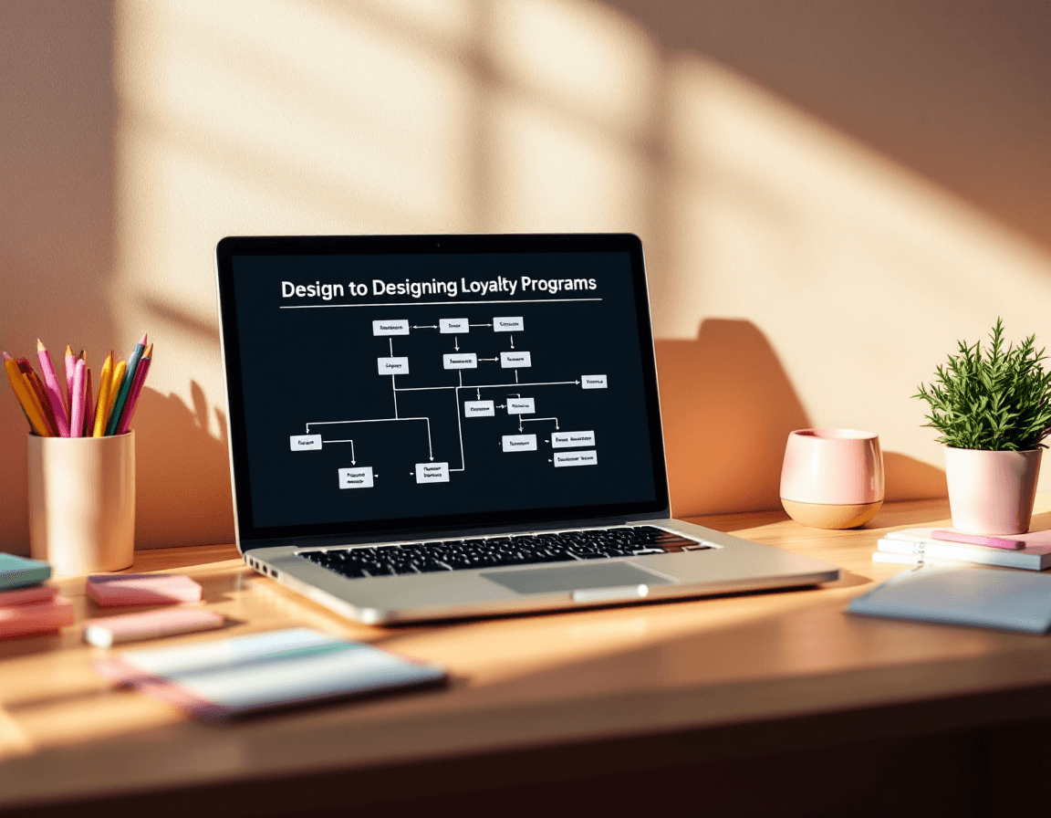 A workspace with a laptop showing a flowchart for designing loyalty programmes.