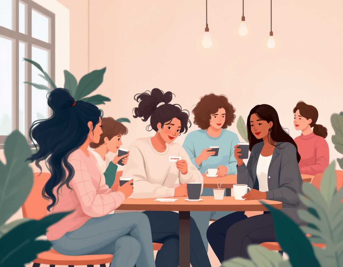 Customers at a cafe happily engaging with coffee subscription cards.