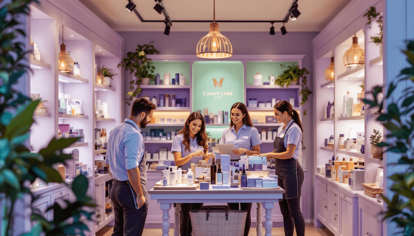 A warm retail space with staff helping customers, embodying a welcoming small-business atmosphere.