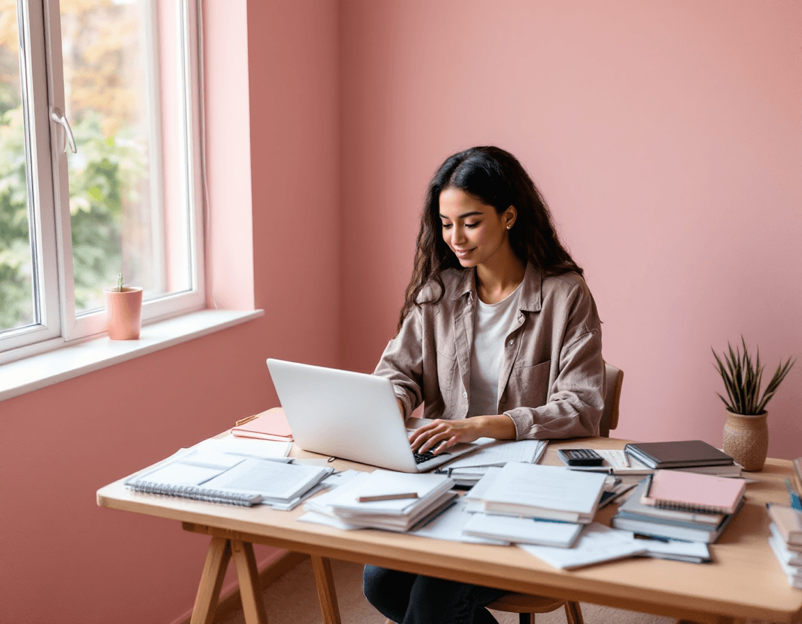 A student looking for online discounts with study materials around in a pastel-themed room.