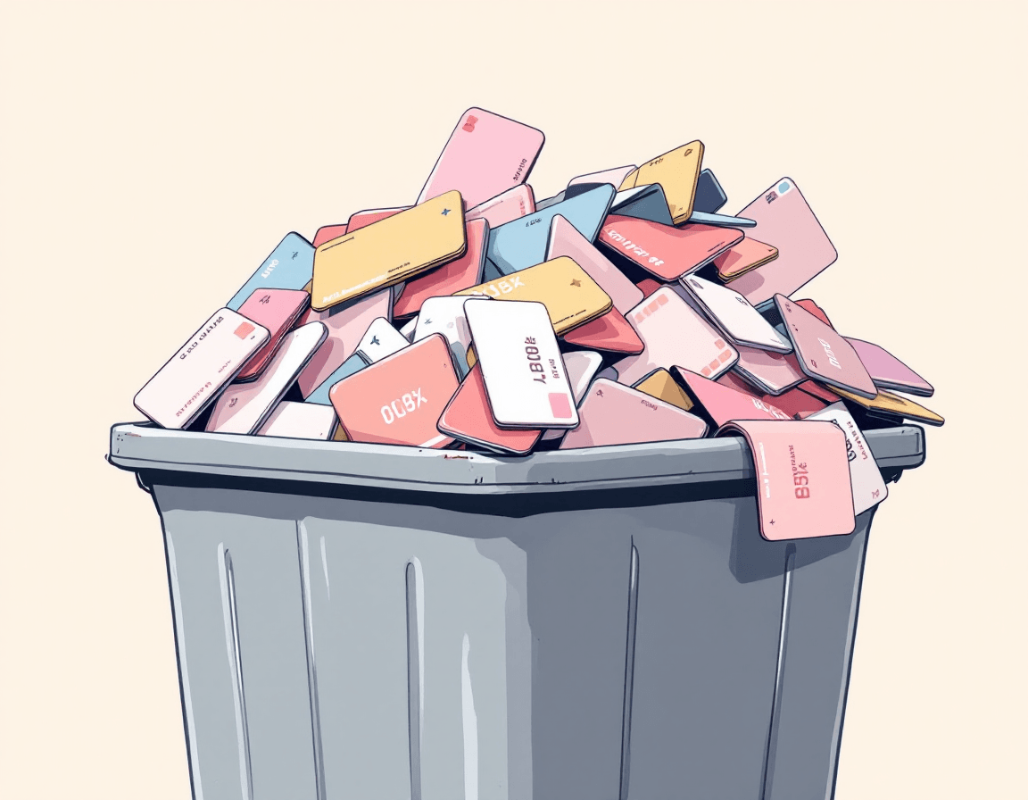 A recycling bin filled with discarded plastic loyalty cards, emphasizing environmental concerns.