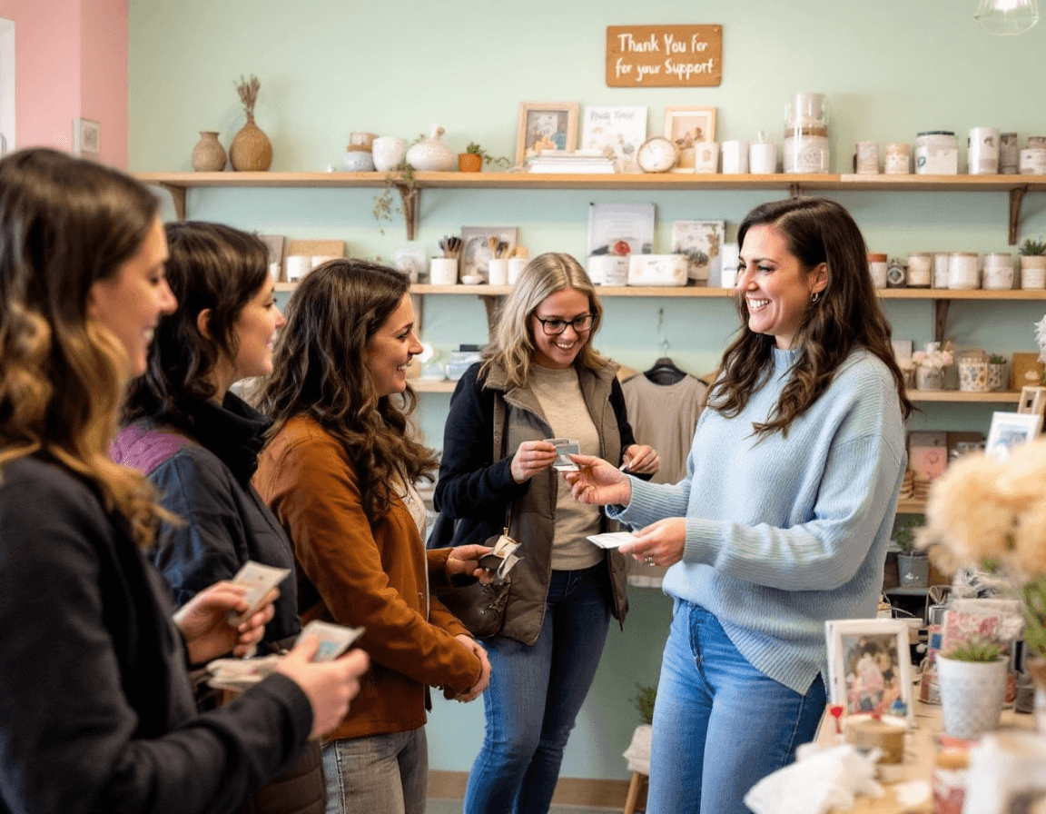 A small business owner showcasing loyalty cards to customers in a pastel-themed shop.