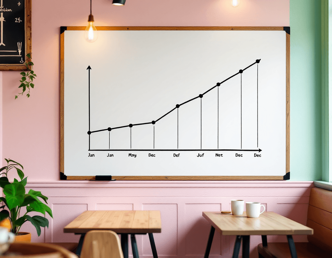 A graph depicting revenue growth in a pastel-themed cafe setting.