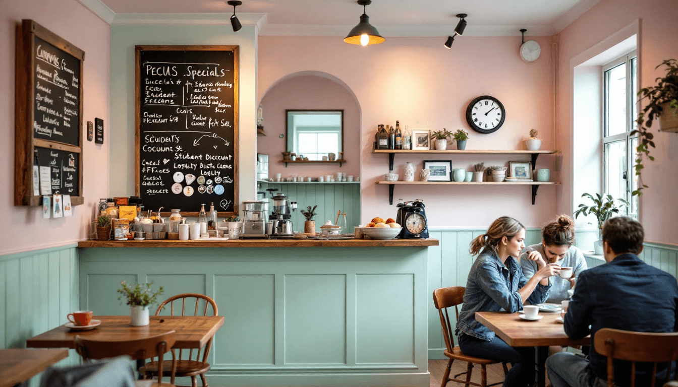 Cozy indoor scene of a British small business promoting student discounts and loyalty cards.